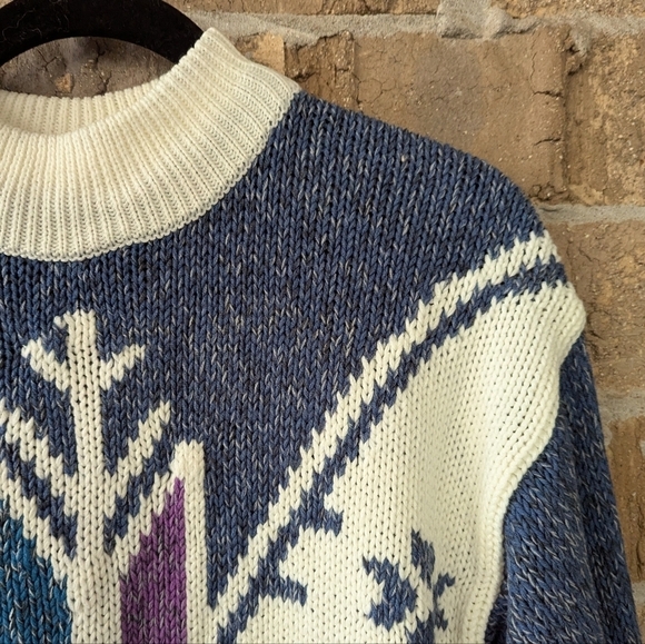 VTG 80s Gina Peters Mock Neck Snowflake Tunic Sweater White Blue Size Small - Picture 2 of 7